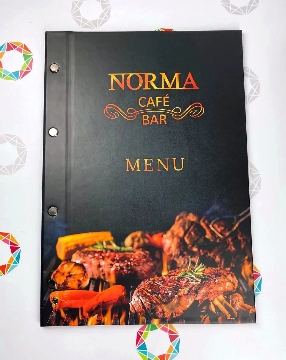 Norma restaurant main menu with a screw-bound hard cover