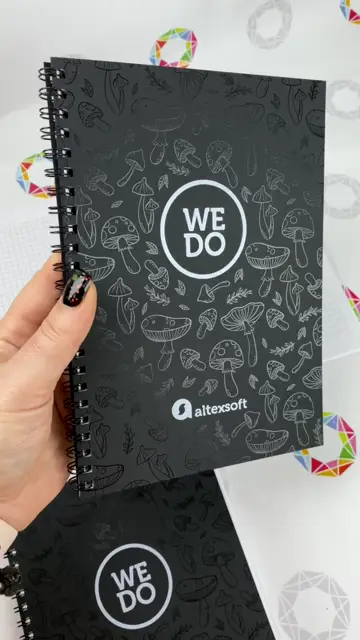 A5 notebook with white digital printing and gloss varnish on a black Plike cover